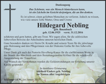 Traueranzeige von Hildegard Nebling von Ostthüringer Zeitung, Thüringische Landeszeitung