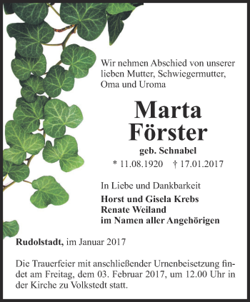 Traueranzeige von Marta Förster von Ostthüringer Zeitung