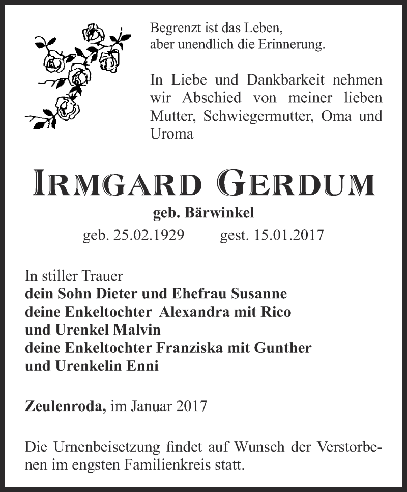  Traueranzeige für Irmgard Gerdum vom 20.01.2017 aus Ostthüringer Zeitung