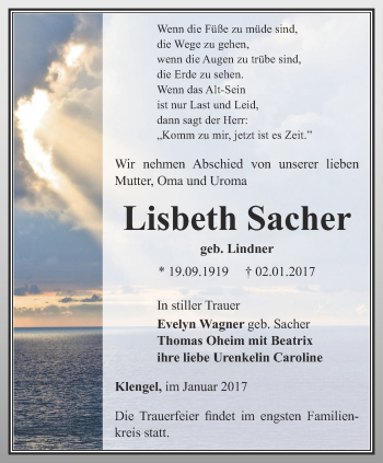 Traueranzeige von Lisbeth Sacher von Ostthüringer Zeitung