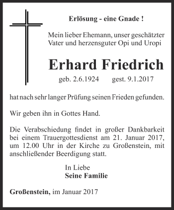 Traueranzeige von Erhard Friedrich von Ostthüringer Zeitung