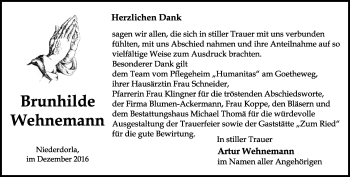 Traueranzeige von Brunhilde Wehnemann von Thüringer Allgemeine, Thüringische Landeszeitung