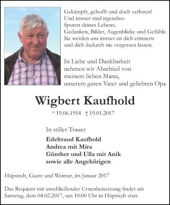 Traueranzeige von Wigbert Kaufhold von Thüringer Allgemeine, Thüringische Landeszeitung