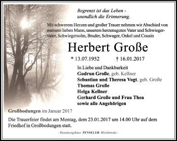 Traueranzeige von Herbert Große von Thüringer Allgemeine