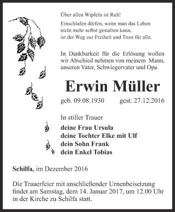 Traueranzeige von Erwin Müller von Thüringer Allgemeine