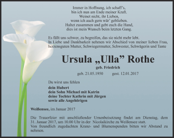 Traueranzeige von Ursula Rothe von Thüringer Allgemeine