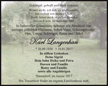 Traueranzeige von Karl Langenhan von Ostthüringer Zeitung, Thüringische Landeszeitung