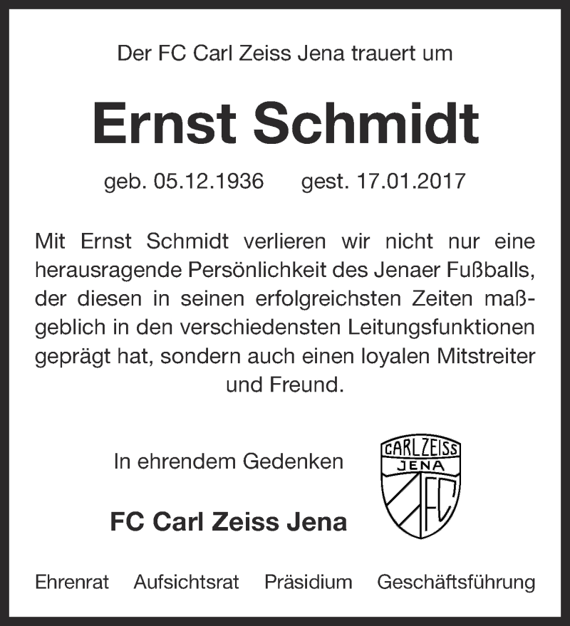  Traueranzeige für Ernst Schmidt vom 28.01.2017 aus Ostthüringer Zeitung, Thüringische Landeszeitung