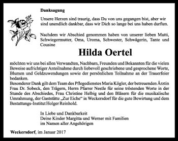 Traueranzeige von Hilda Oertel von Ostthüringer Zeitung