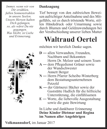 Traueranzeige von Waltraud Oertel von Ostthüringer Zeitung