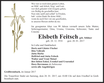 Traueranzeige von Elsbeth Feitsch von Thüringer Allgemeine