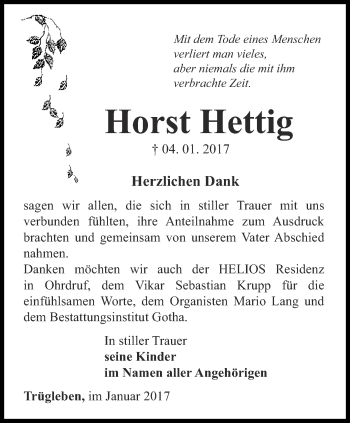 Traueranzeige von Horst Hettig von Ostthüringer Zeitung, Thüringische Landeszeitung