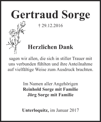 Traueranzeige von Gertraud Sorge von Ostthüringer Zeitung