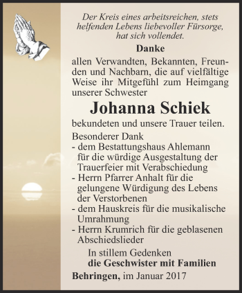 Traueranzeige von Johanna Schiek von Ostthüringer Zeitung, Thüringische Landeszeitung