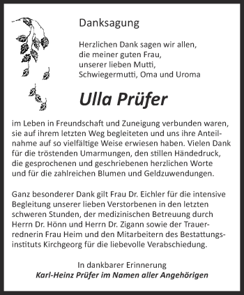 Traueranzeige von Ulla Prüfer von Ostthüringer Zeitung