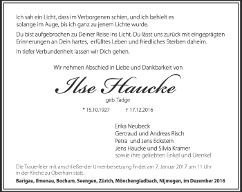 Traueranzeige von Ilse Haucke von Ostthüringer Zeitung