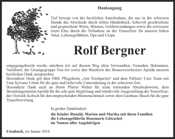 Traueranzeige von Rolf Bergner von Thüringer Allgemeine, Thüringische Landeszeitung