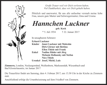 Traueranzeige von Hannchen Luckner von Ostthüringer Zeitung, Thüringische Landeszeitung