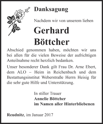 Traueranzeige von Gerhard Böttcher von Ostthüringer Zeitung