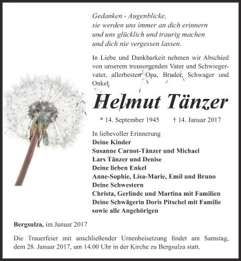 Traueranzeige von Helmut Tänzer von Thüringer Allgemeine, Thüringische Landeszeitung