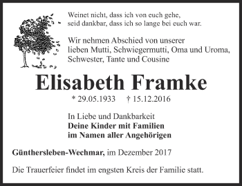 Traueranzeige von Elisabeth Framke von Ostthüringer Zeitung, Thüringische Landeszeitung