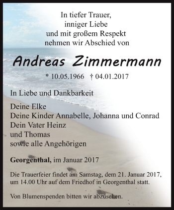 Traueranzeige von Andreas Zimmermann von Ostthüringer Zeitung, Thüringische Landeszeitung