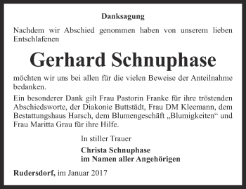 Traueranzeige von Gerhard Schnuphase von Thüringer Allgemeine