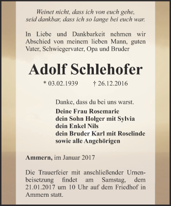 Traueranzeige von Adolf Schlehofer von Thüringer Allgemeine, Thüringische Landeszeitung