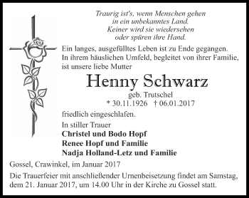 Traueranzeige von Henny Schwarz  von Thüringer Allgemeine