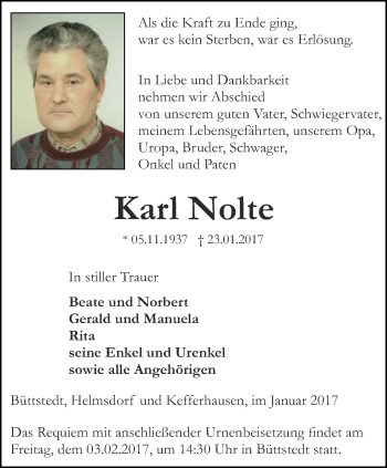 Traueranzeige von Karl Nolte von Thüringer Allgemeine