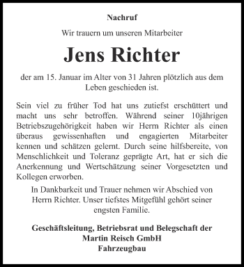 Traueranzeige von Jens Richter von Ostthüringer Zeitung