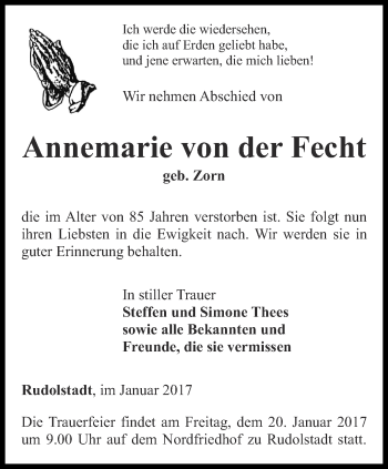 Traueranzeige von Annemarie von der Fecht von Ostthüringer Zeitung