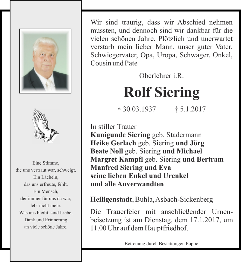 Traueranzeigen von Rolf Siering | trauer-in-thueringen.de