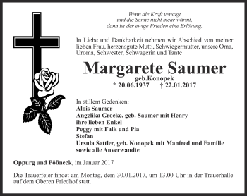 Traueranzeige von Margarete Saumer von Ostthüringer Zeitung