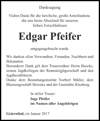 Traueranzeige von Edgar Pfeifer von Ostthüringer Zeitung