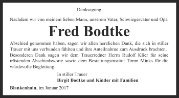 Traueranzeige von Fred Bodtke von Thüringer Allgemeine, Thüringische Landeszeitung