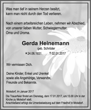 Traueranzeige von Gerda Heinemann von Thüringer Allgemeine, Thüringische Landeszeitung