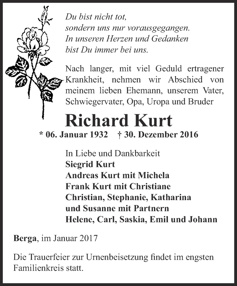  Traueranzeige für Richard Kurt vom 05.01.2017 aus Ostthüringer Zeitung