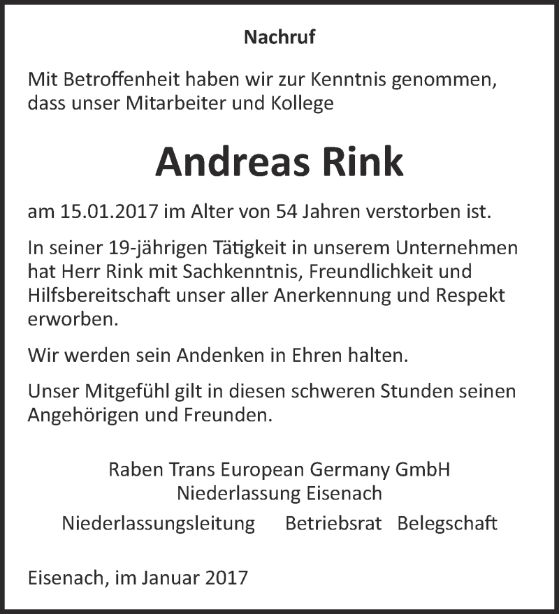  Traueranzeige für Andreas Rink vom 23.01.2017 aus Thüringer Allgemeine, Thüringische Landeszeitung