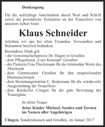 Traueranzeige von Klaus Schneider von Thüringer Allgemeine