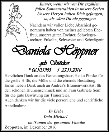 Traueranzeige von Daniela Höppner von Ostthüringer Zeitung