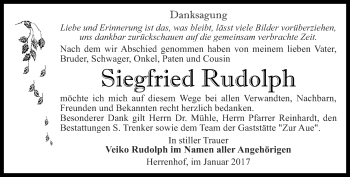 Traueranzeige von Siegfried Rudolph von Ostthüringer Zeitung, Thüringische Landeszeitung