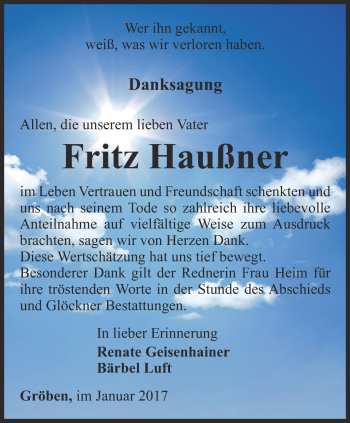 Traueranzeige von Fritz Haußner von Ostthüringer Zeitung