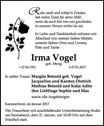 Traueranzeige von Irma Vogel von Thüringer Allgemeine, Thüringische Landeszeitung