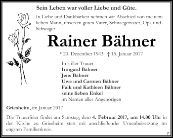 Traueranzeige von Rainer Bähner von Thüringer Allgemeine