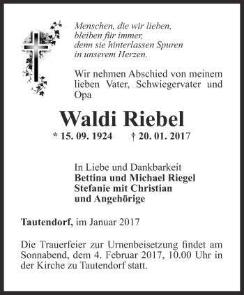 Traueranzeige von Waldi Riebel von Ostthüringer Zeitung