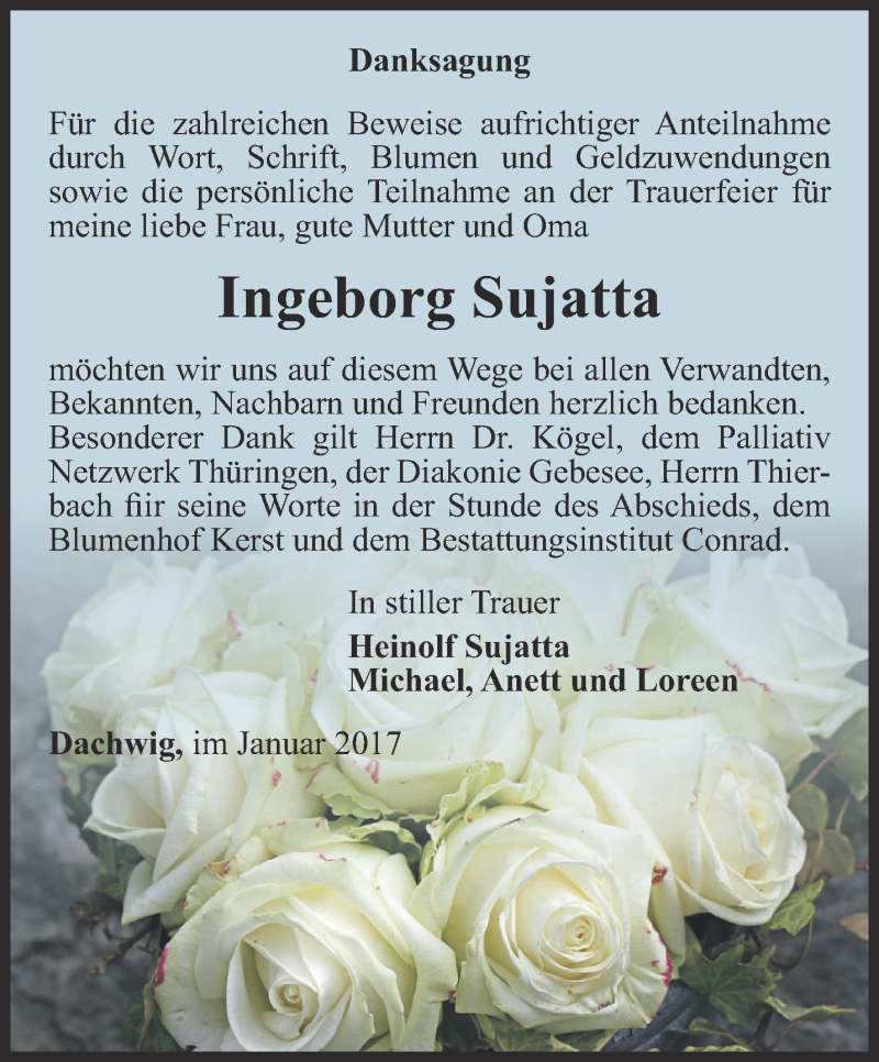  Traueranzeige für Ingeborg Sujatta vom 07.01.2017 aus Thüringer Allgemeine, Thüringische Landeszeitung