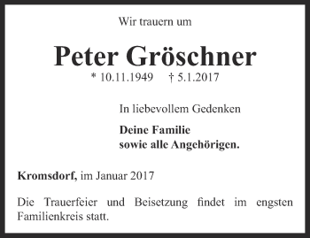 Traueranzeige von Peter Gröschner von Thüringer Allgemeine, Thüringische Landeszeitung