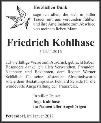 Traueranzeige von Friedrich Kohlhase von Thüringer Allgemeine