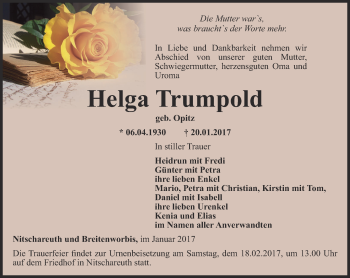 Traueranzeige von Helga Trumpold von Ostthüringer Zeitung